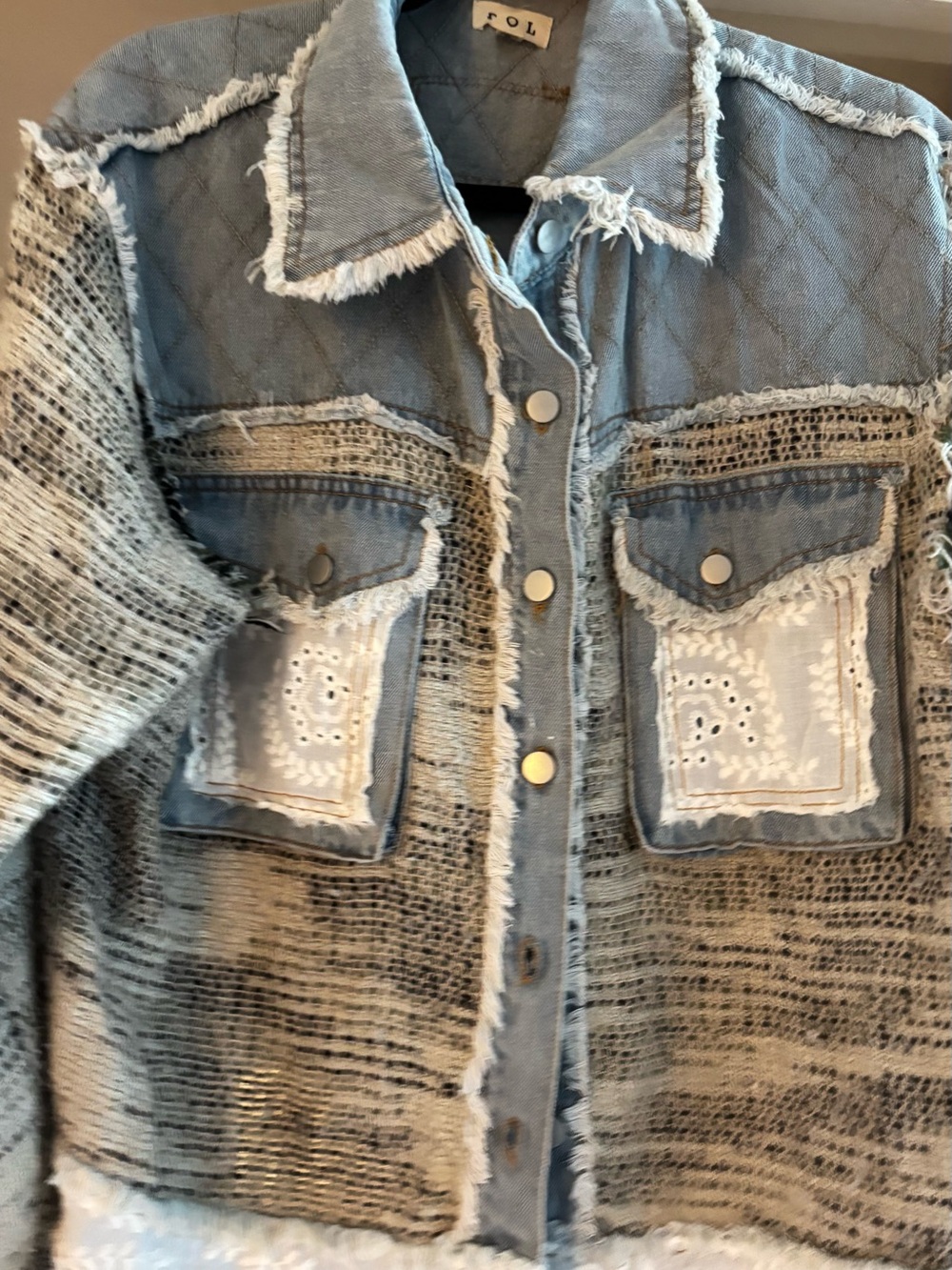 POL Distressed Light Blue and Cream Patchwork Jean Jacket